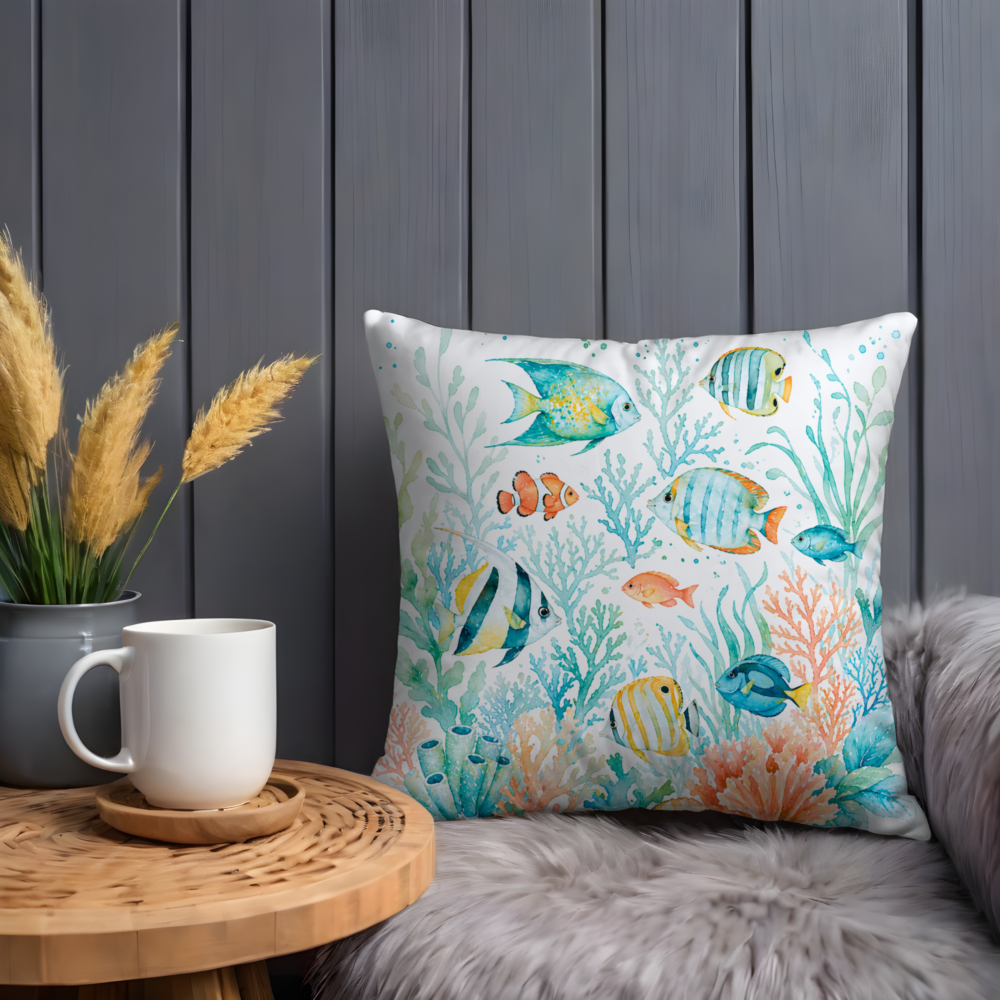 Tropical Fish Coral Pillow Cover | Vibrant Ocean Art | Coastal Decor