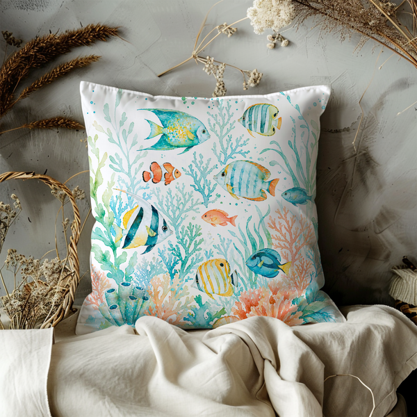 Tropical Fish Coral Pillow Cover – Vibrant Ocean Art | Coastal Decor