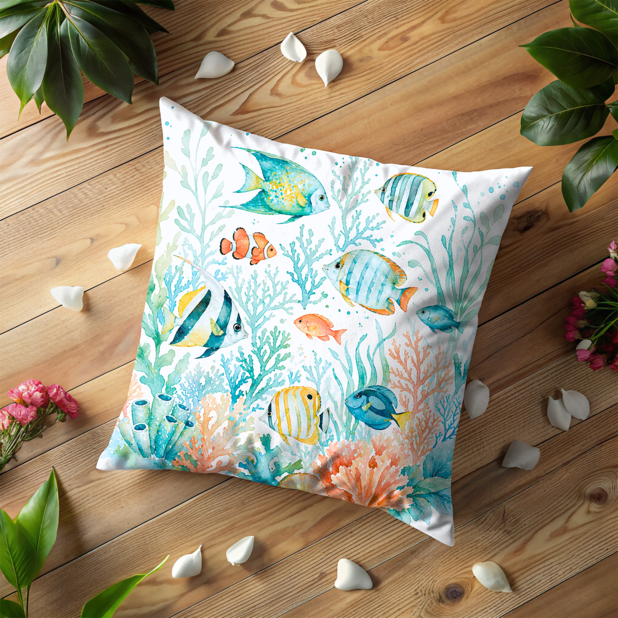 Tropical Fish Coral Pillow Cover | Vibrant Ocean Art | Coastal Decor