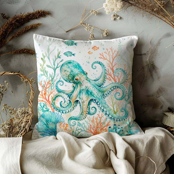 Octopus Pillow Cover – Ocean Wildlife Art | Nautical Decor