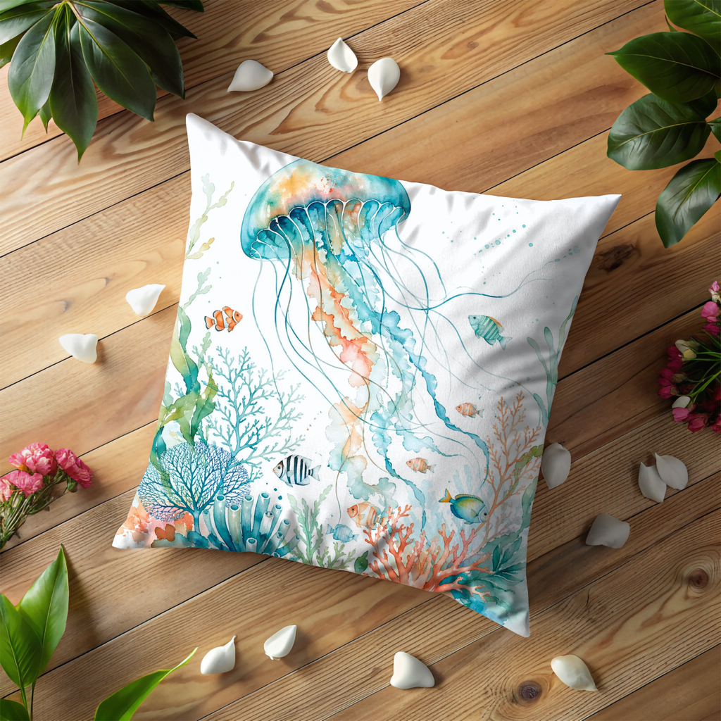 Jellyfish Ocean Pillow Cover | Vibrant Marine Art | Coastal Decor