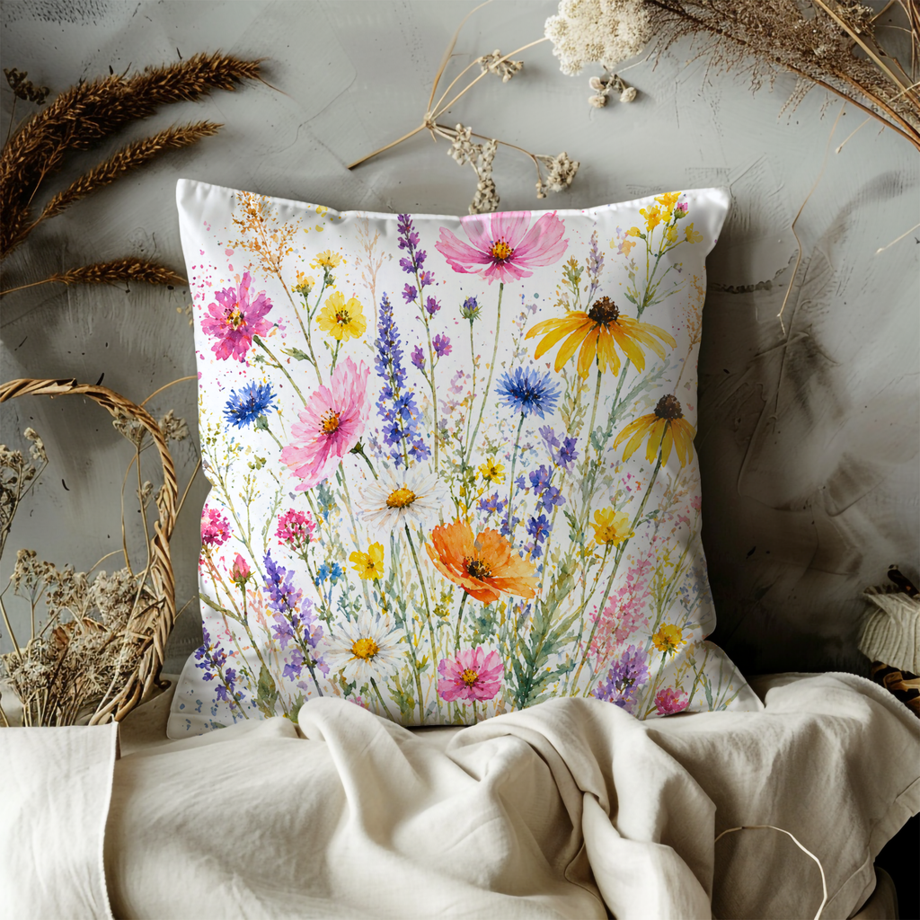 Wildflower Meadow Pillow Cover | Vibrant Floral Art | Cheerful Nature Decor