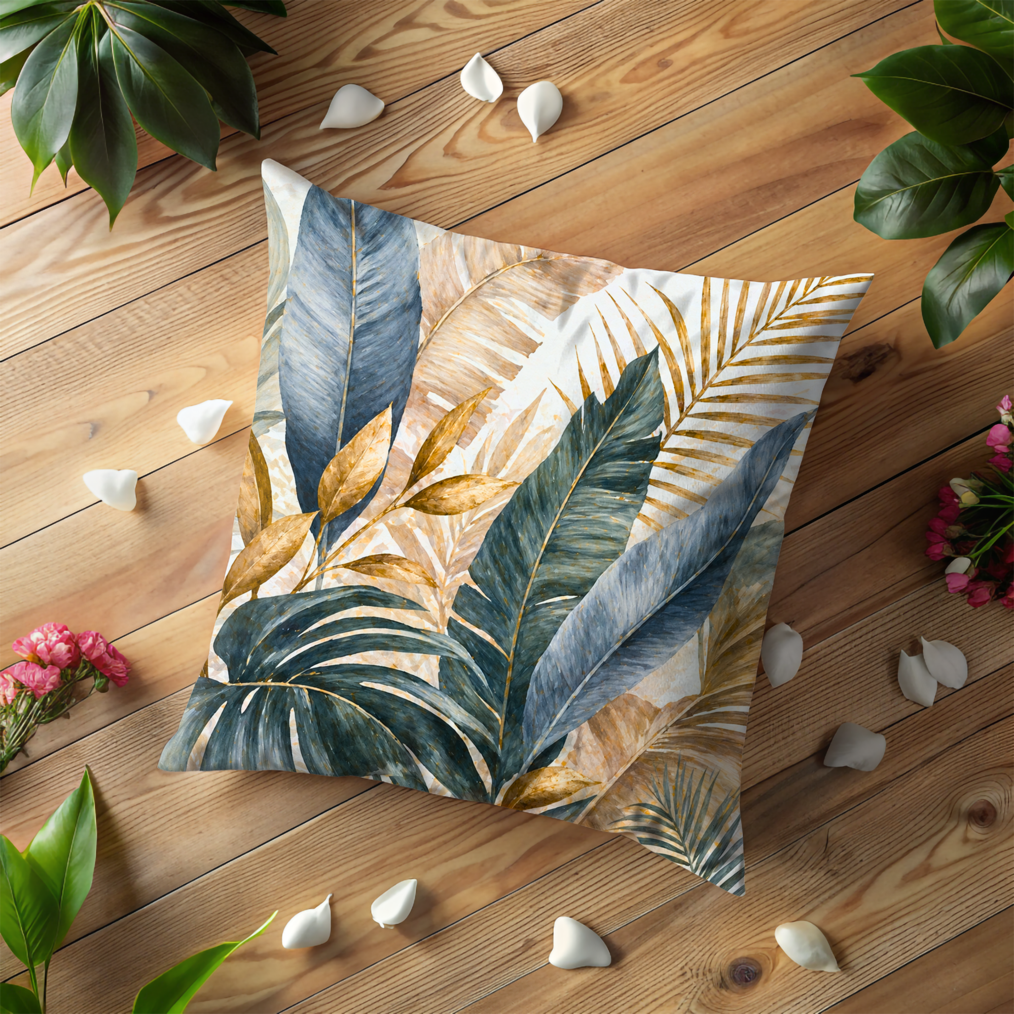 Blue Gold Tropical Leaves Pillow Cover | Elegant Palm Art | Nature Decor