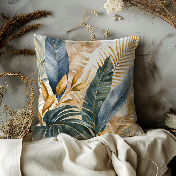 Blue Gold Tropical Leaves Pillow Cover – Elegant Palm Art | Nature Decor
