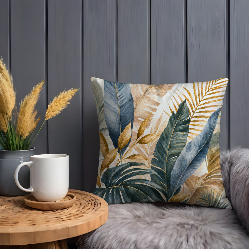 Blue Gold Tropical Leaves Pillow Cover | Elegant Palm Art | Nature Decor