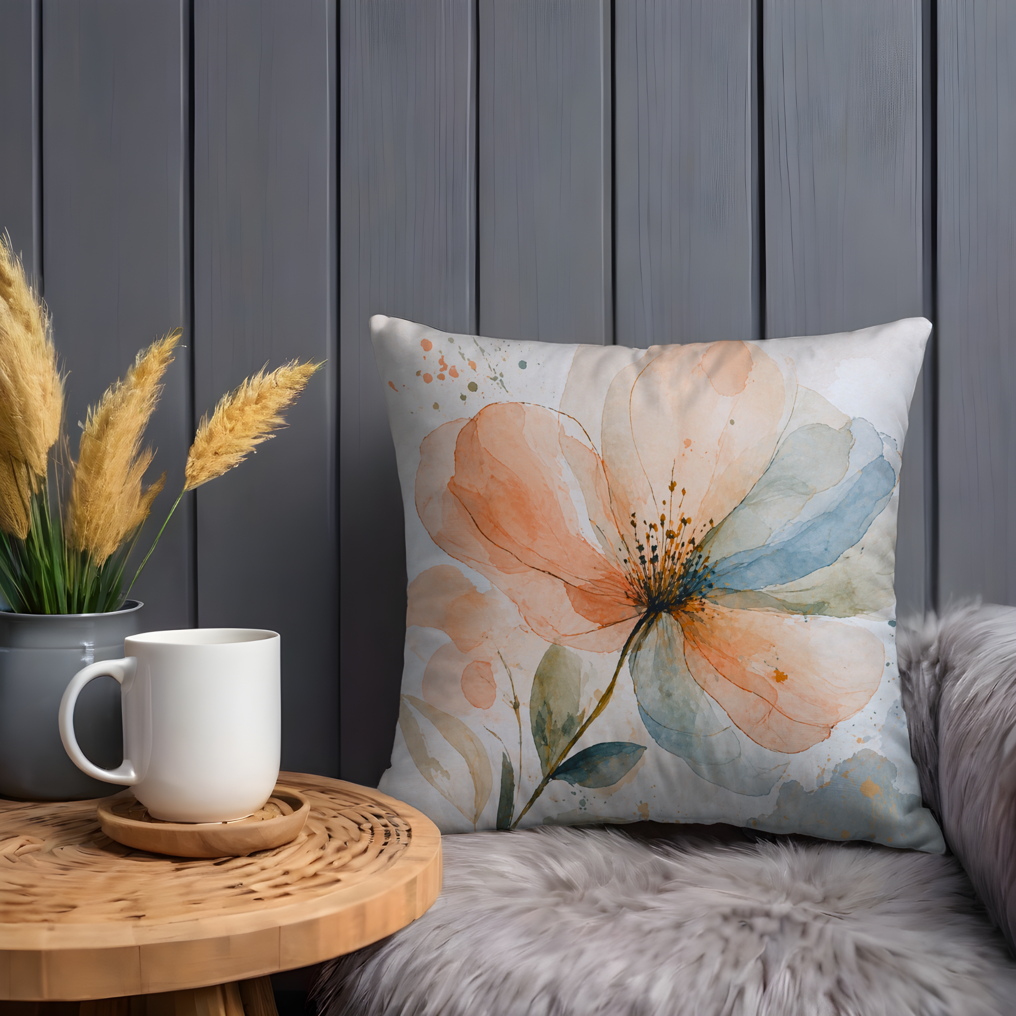 Peach Blue Watercolor Flower Pillow Cover – Delicate Floral Art | Cottagecore Decor