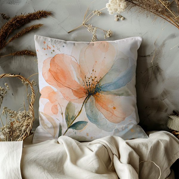 Peach Blue Watercolor Flower Pillow Cover – Delicate Floral Art | Cottagecore Decor