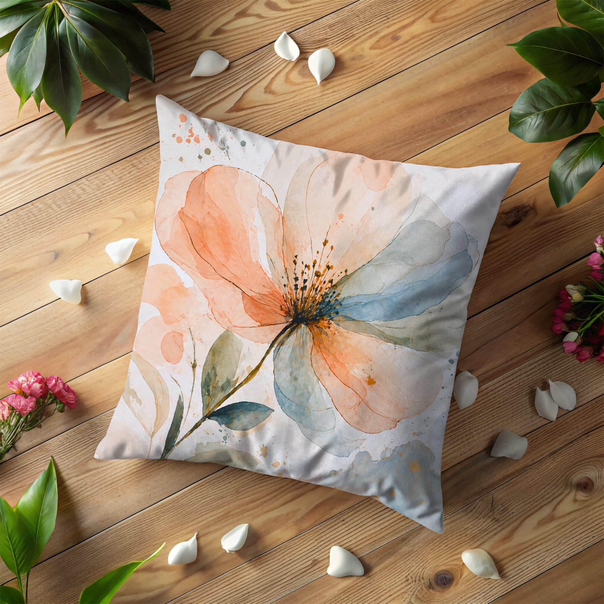 Peach Blue Watercolor Flower Pillow Cover – Delicate Floral Art | Cottagecore Decor