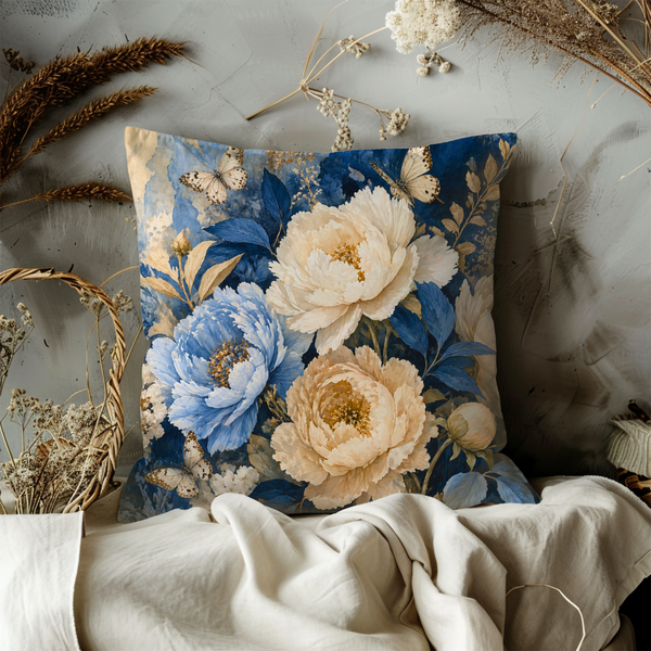 Blue Peony Butterfly Pillow Cover – Elegant Floral Art | Luxe Nature Decor