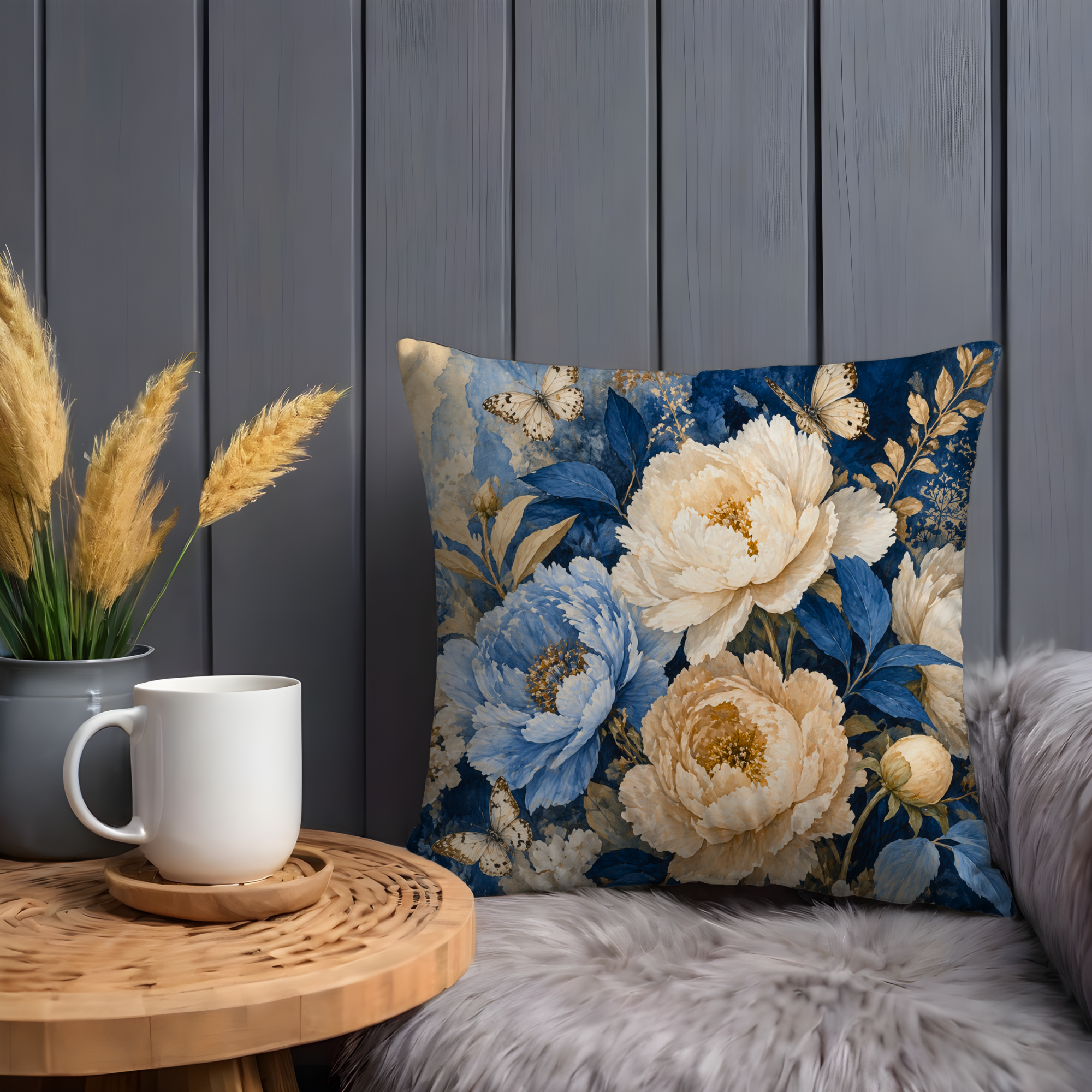 Blue Peony Butterfly Pillow Cover | Elegant Floral Art | Luxe Nature Decor