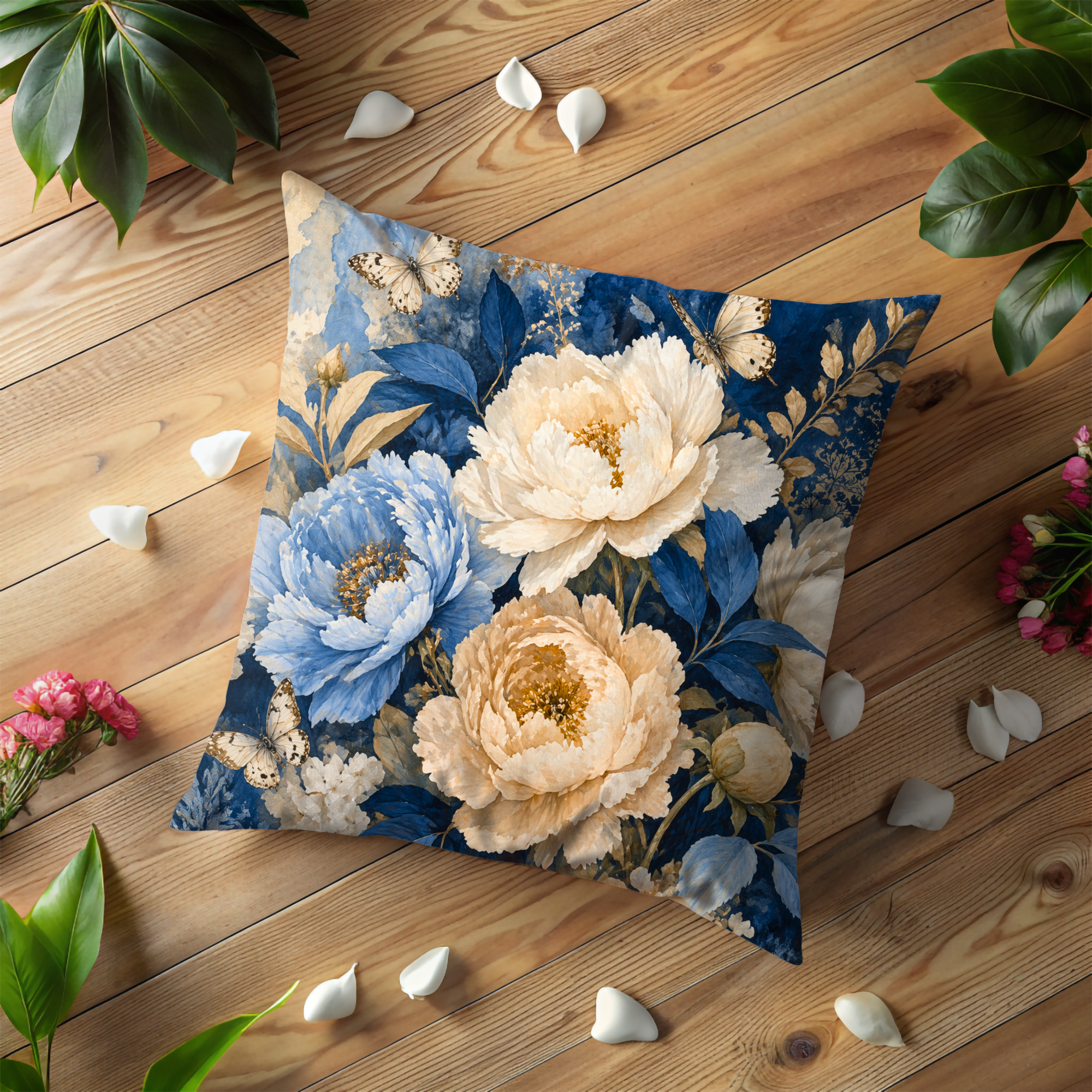 Blue Peony Butterfly Pillow Cover | Elegant Floral Art | Luxe Nature Decor