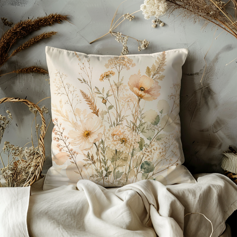 Beige Wildflower Bouquet Pillow Cover – Soft Watercolor Art | Cottagecore Decor
