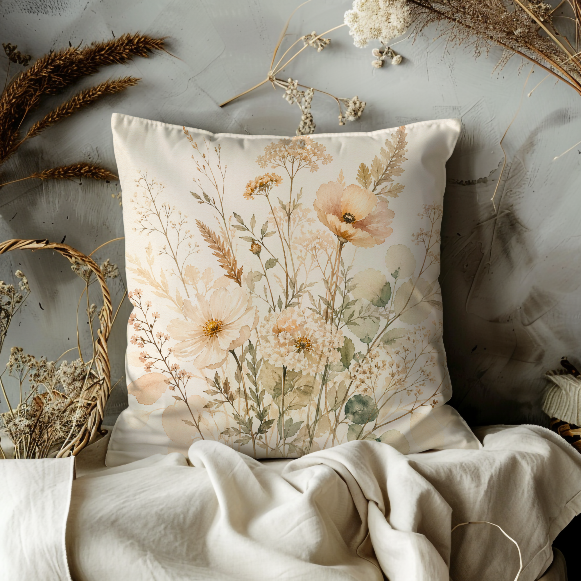 Beige Wildflower Bouquet Pillow Cover – Soft Watercolor Art | Cottagecore Decor