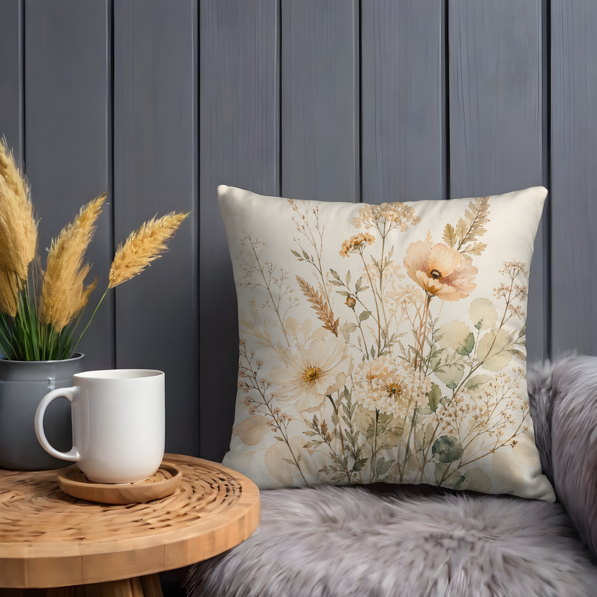 Beige Wildflower Bouquet Pillow Cover – Soft Watercolor Art | Cottagecore Decor