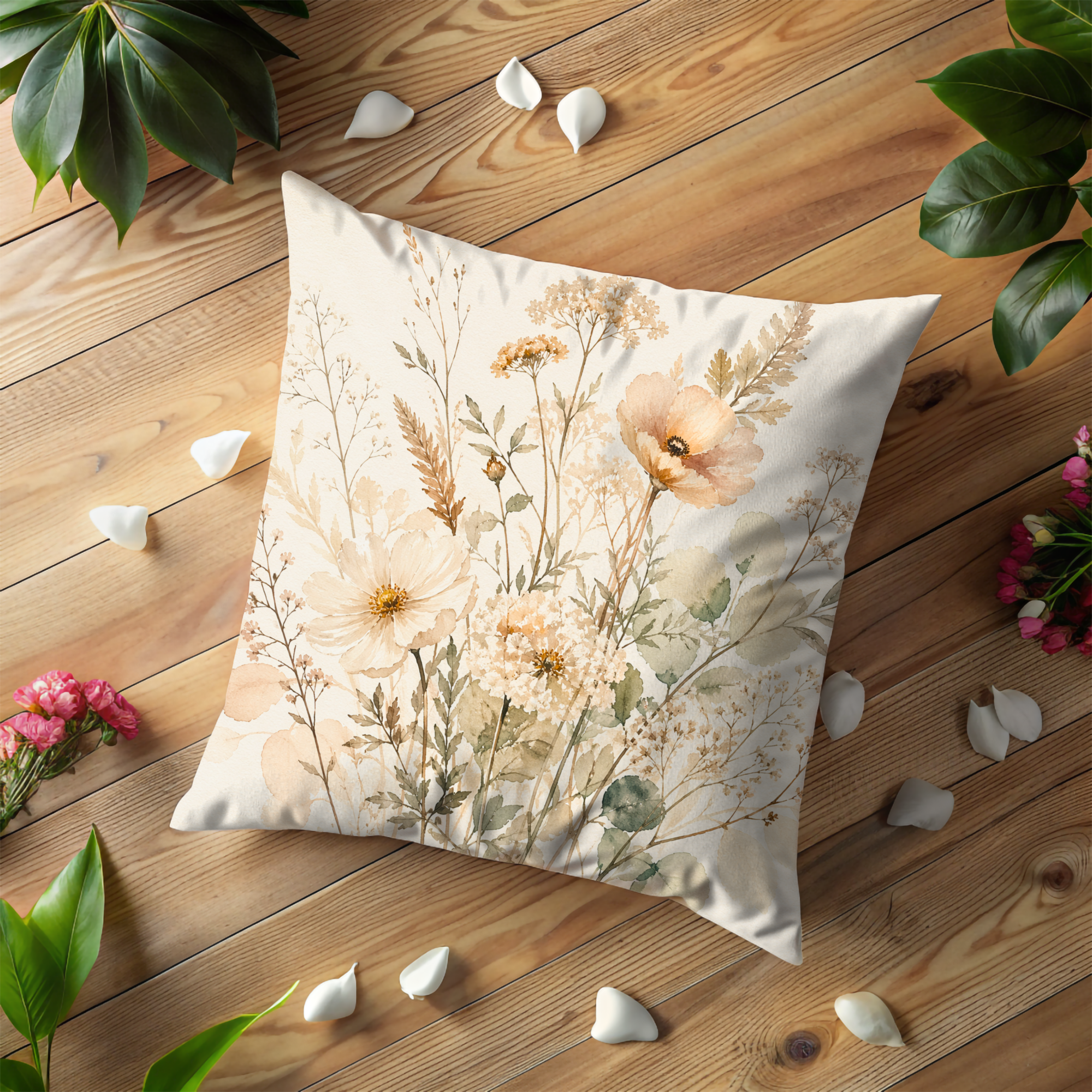 Beige Wildflower Bouquet Pillow Cover – Soft Watercolor Art | Cottagecore Decor