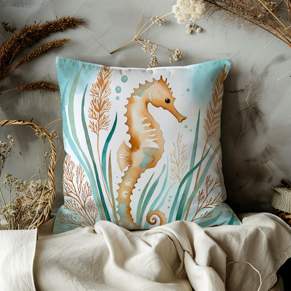 Seahorse Pillow Cover – Ocean Wildlife Art | Nautical Decor