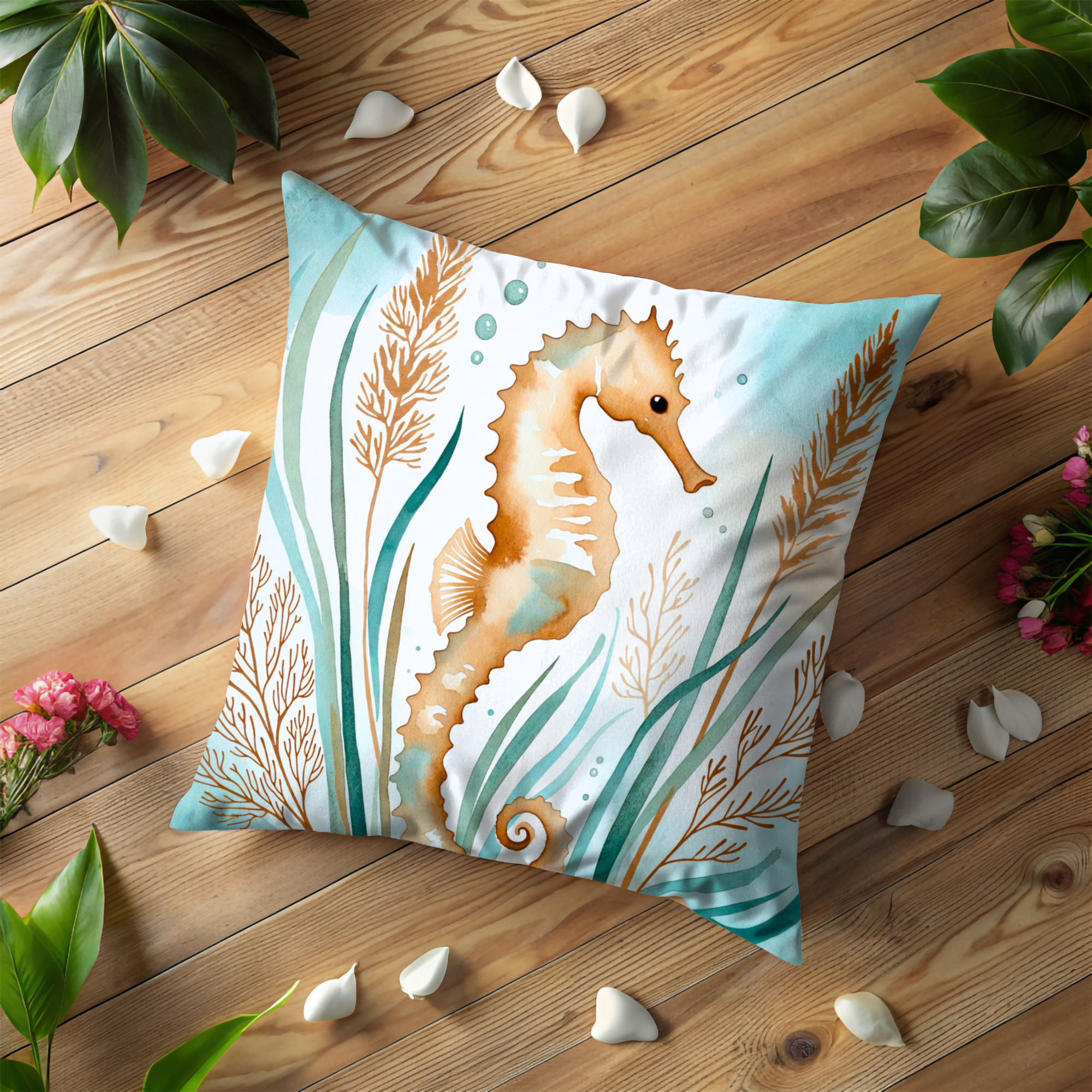Seahorse Pillow Cover | Ocean Wildlife Art | Nautical Decor