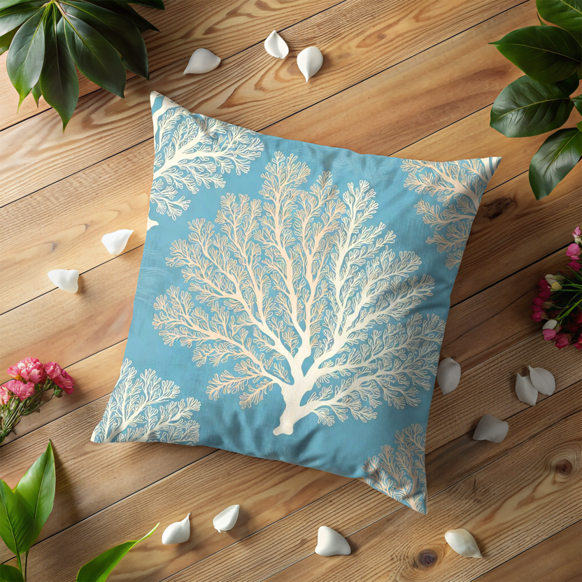 Blue Coral Pillow Cover – Ocean Pattern Art | Coastal Decor