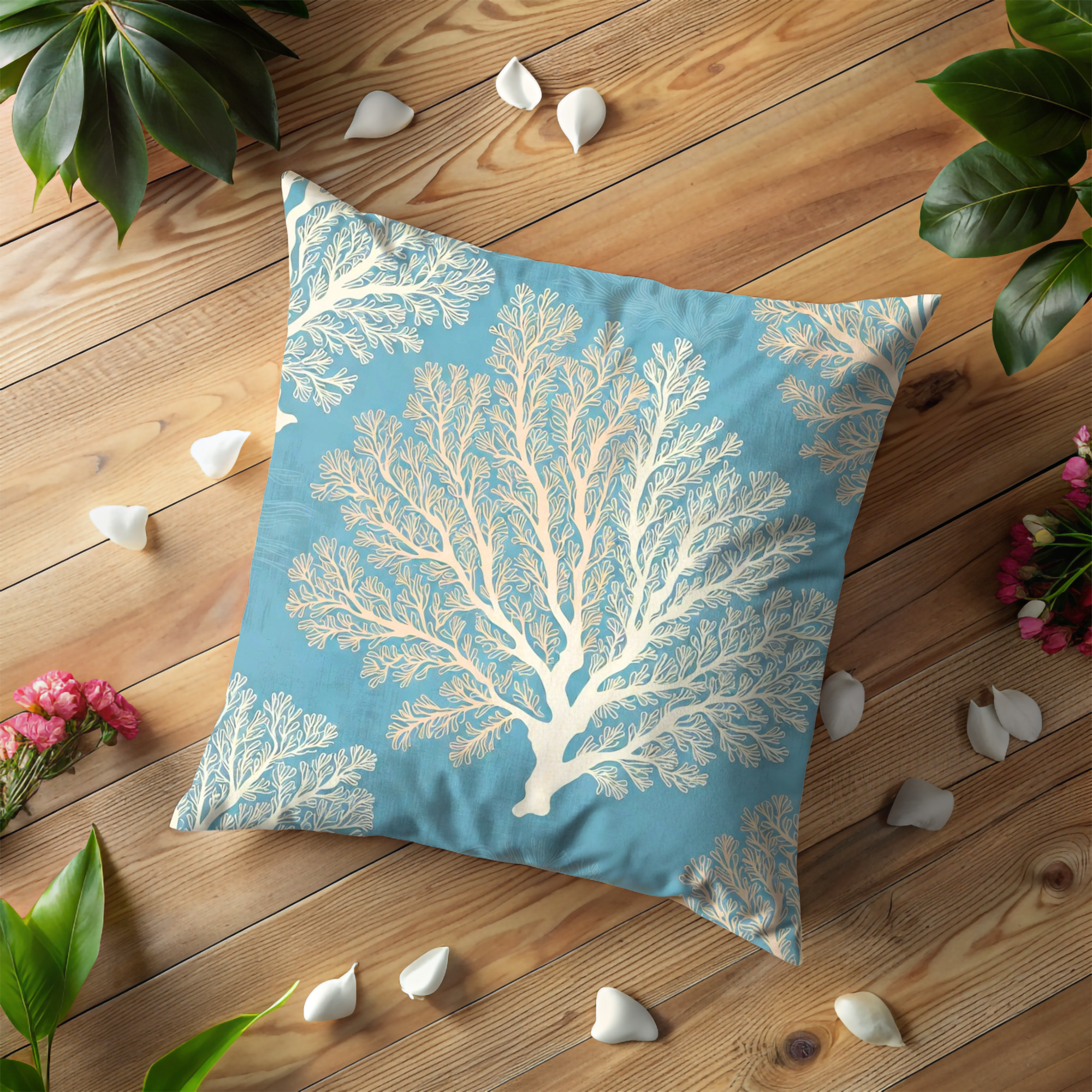 Blue Coral Pillow Cover | Ocean Pattern Art | Coastal Decor