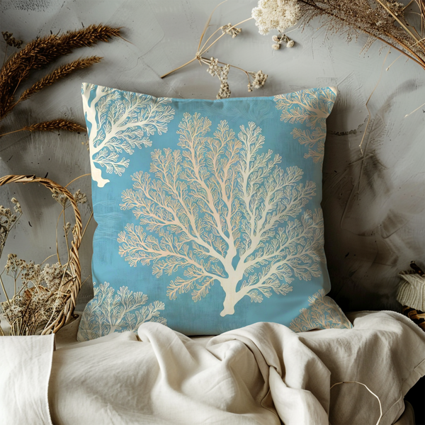 Blue Coral Pillow Cover – Ocean Pattern Art | Coastal Decor