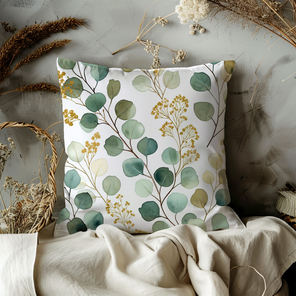 Eucalyptus Gold Pillow Cover – Elegant Botanical Art | Soft Nature Decor