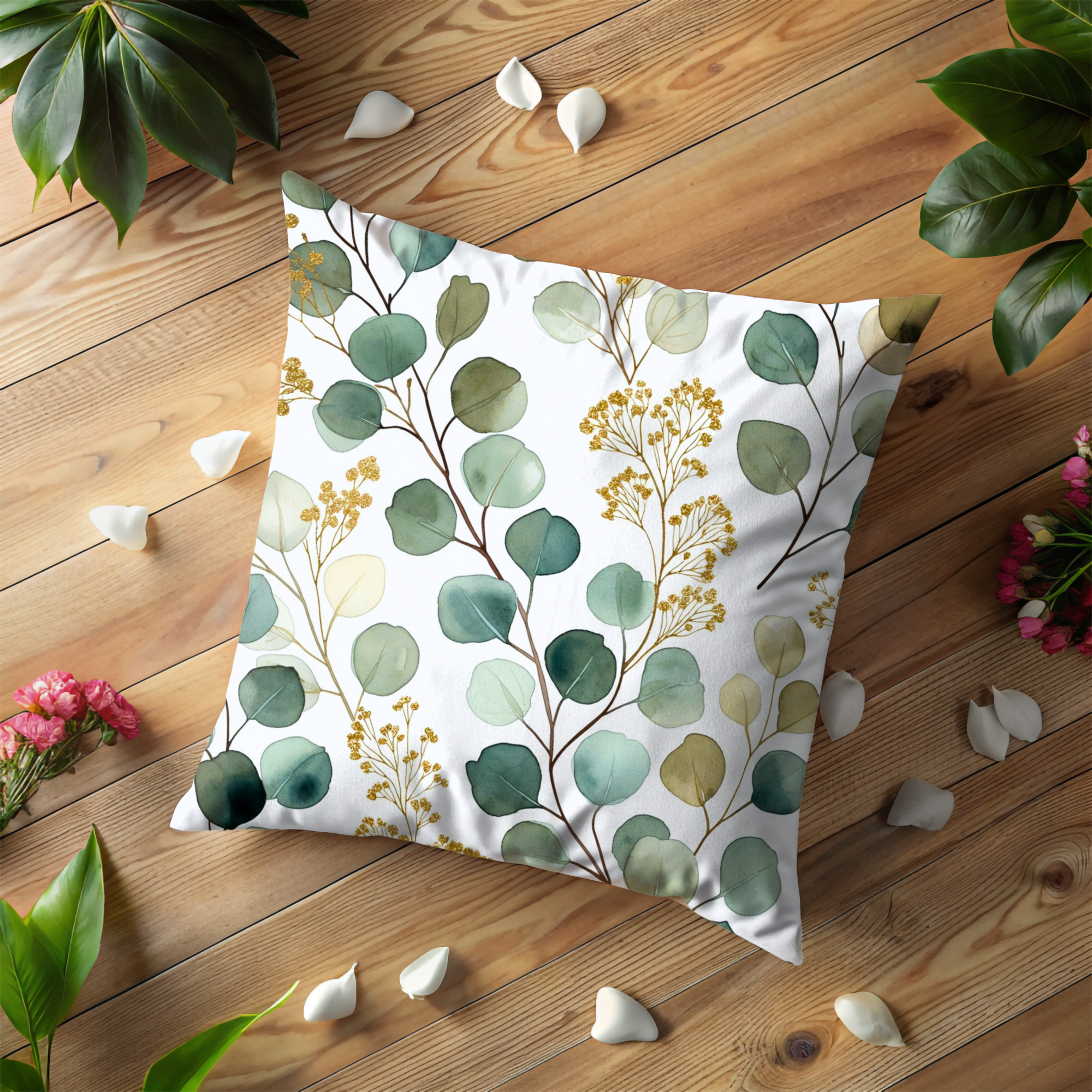 Eucalyptus Gold Pillow Cover | Elegant Botanical Art | Soft Nature Decor