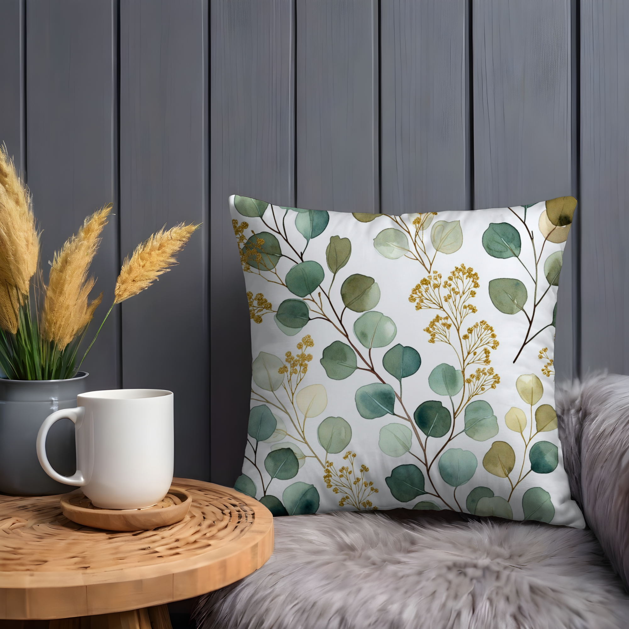 Eucalyptus Gold Pillow Cover | Elegant Botanical Art | Soft Nature Decor