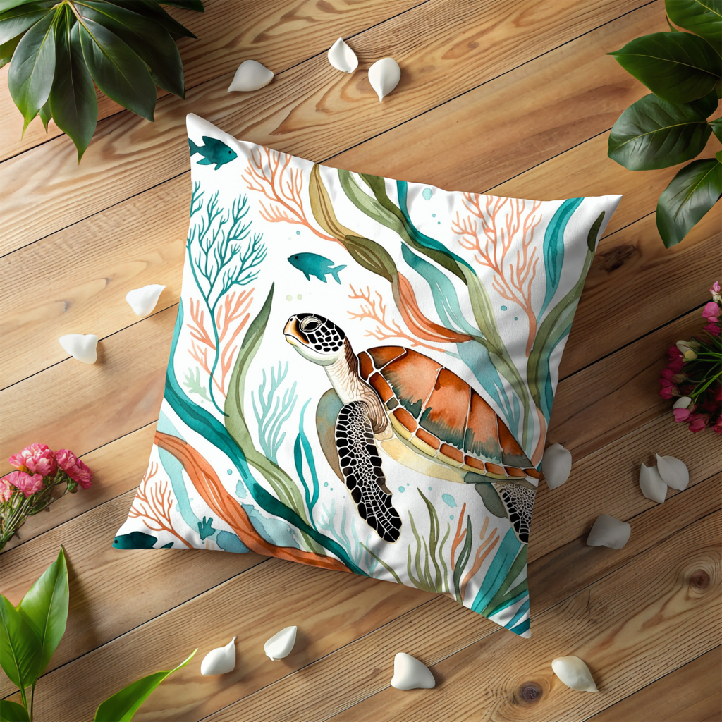 Sea Turtle Pillow Cover | Ocean Coral Art | Coastal Decor