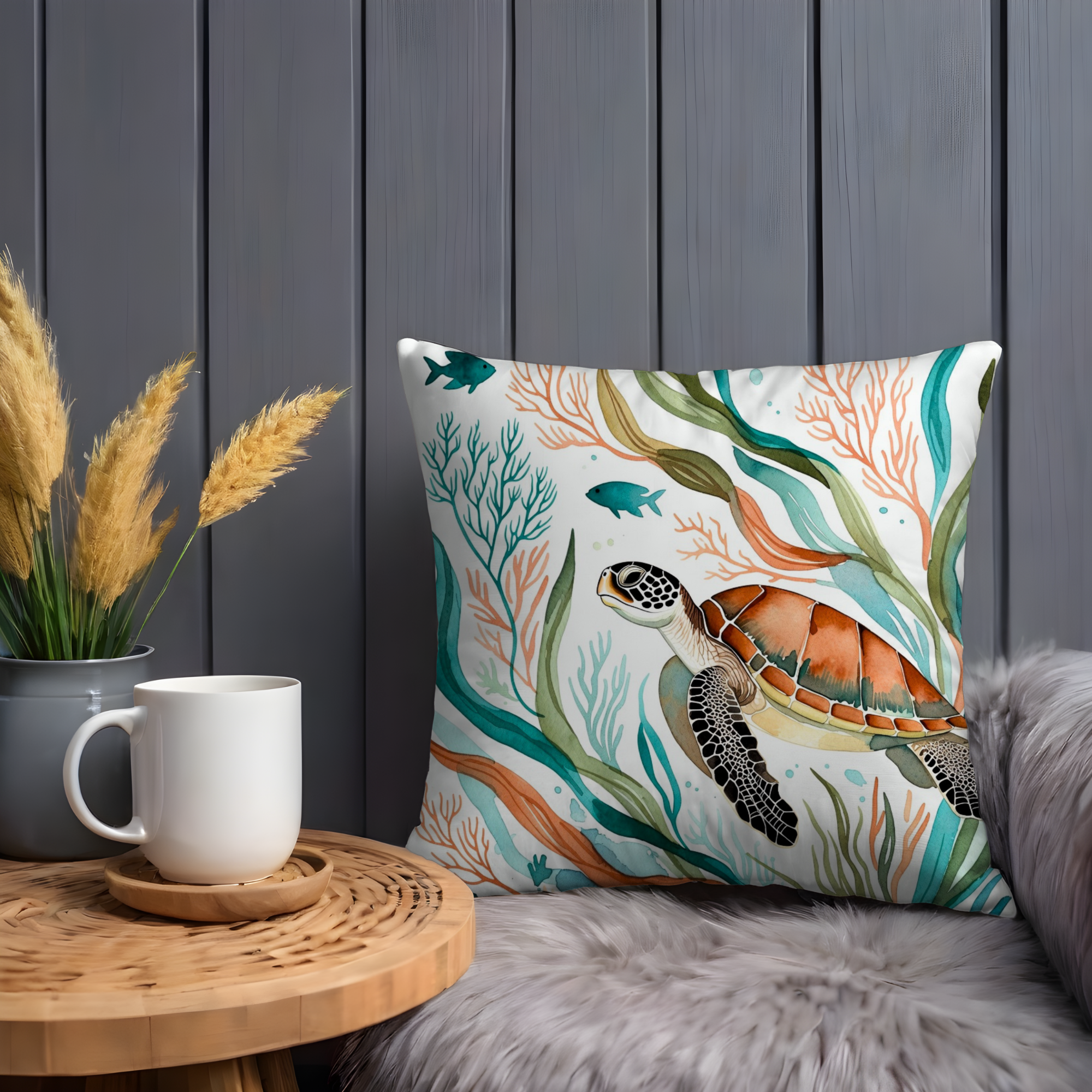 Sea Turtle Pillow Cover | Ocean Coral Art | Coastal Decor