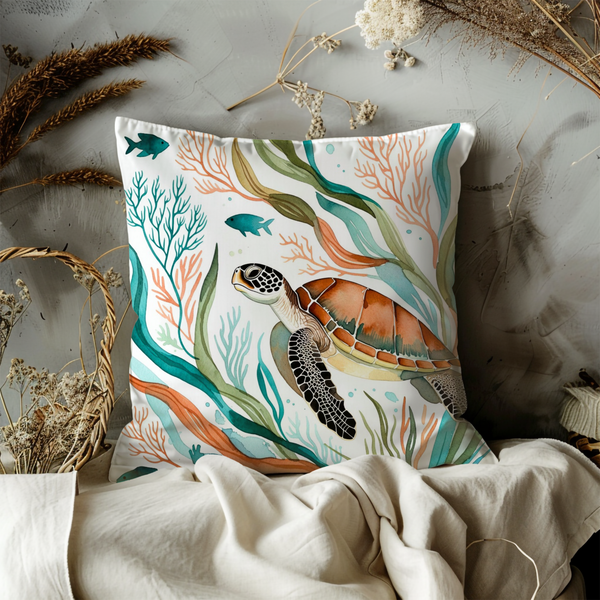 Sea Turtle Pillow Cover – Ocean Coral Art | Coastal Decor