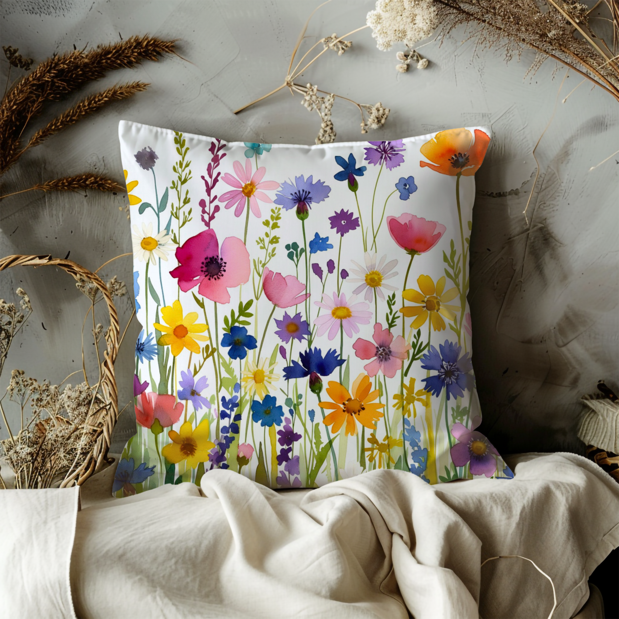 Wildflower Field Pillow Cover | Vibrant Floral Art | Cheerful Nature Decor