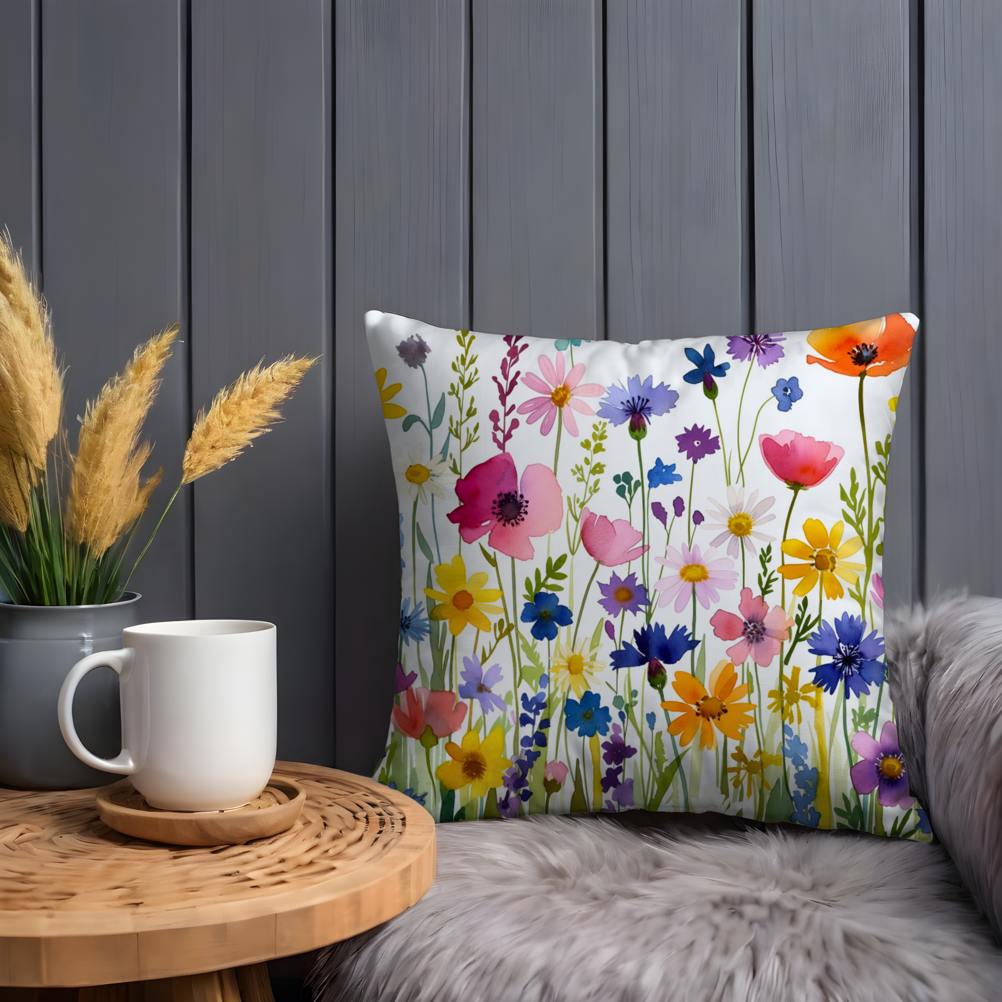 Wildflower Field Pillow Cover | Vibrant Floral Art | Cheerful Nature Decor