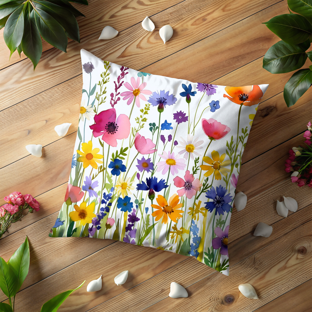 Wildflower Field Pillow Cover | Vibrant Floral Art | Cheerful Nature Decor