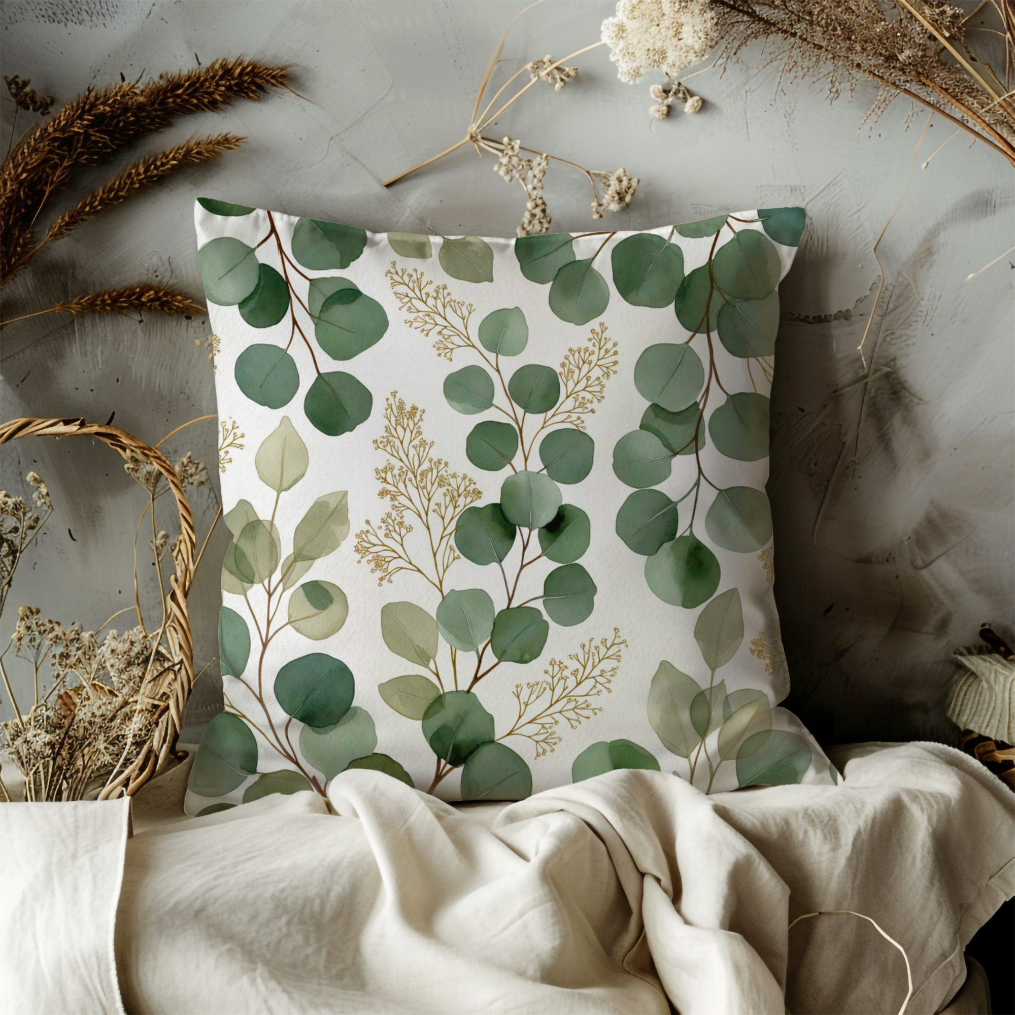Eucalyptus Leaves Pillow Cover | Green Botanical Art | Nature Decor