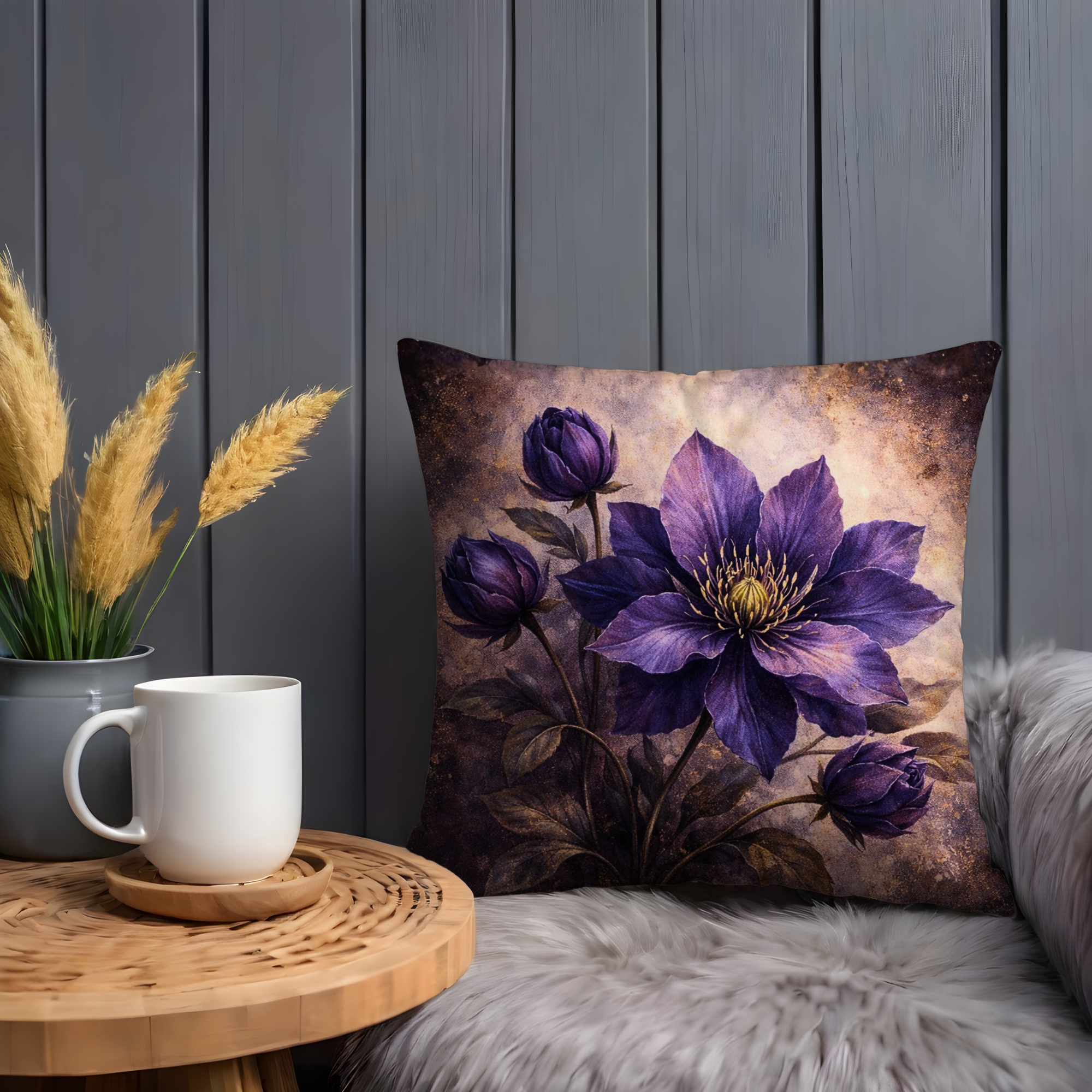 Purple Clematis Pillow Cover | Dramatic Floral Art | Moody Decor