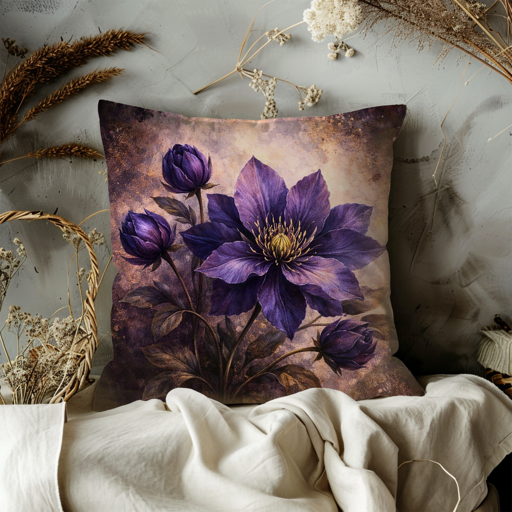 Purple Clematis Pillow Cover | Dramatic Floral Art | Moody Decor