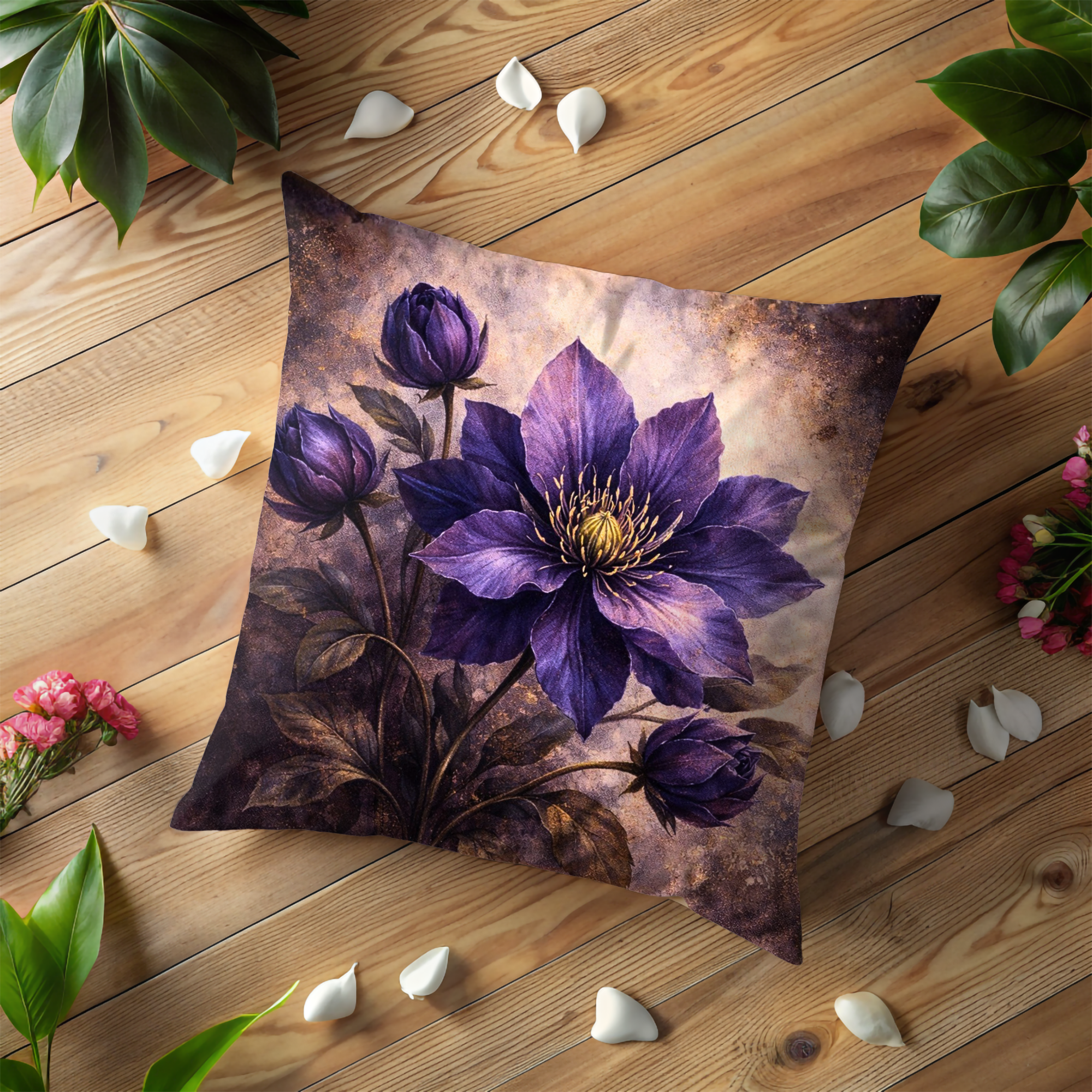 Purple Clematis Pillow Cover | Dramatic Floral Art | Moody Decor