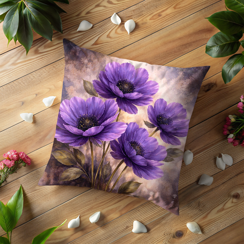 Purple Anemone Pillow Cover | Elegant Floral Art | Luxe Nature Decor