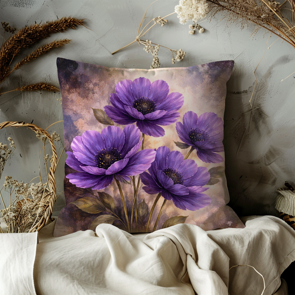 Purple Anemone Pillow Cover – Elegant Floral Art | Luxe Nature Decor