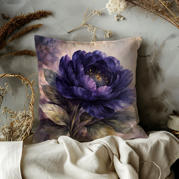 Deep Purple Peony Pillow Cover – Moody Floral Art | Elegant Decor