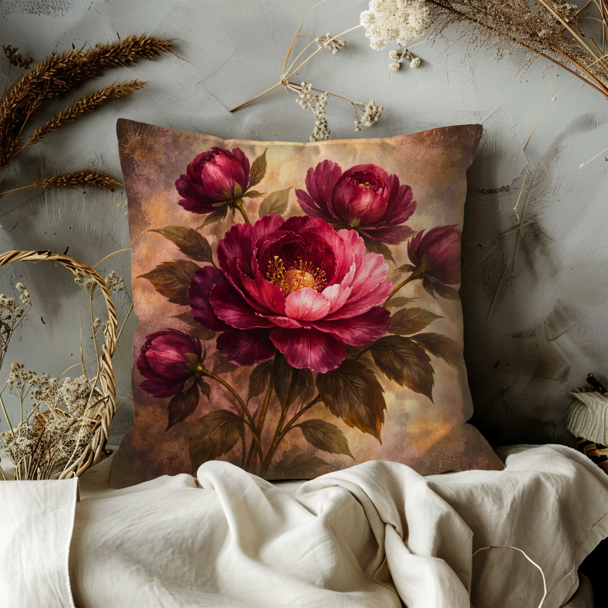 Red Peony Pillow Cover | Elegant Floral Art | Luxe Nature Decor