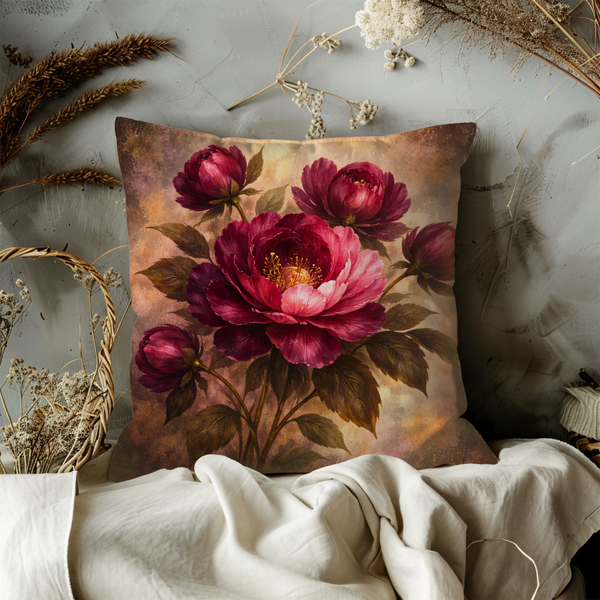 Red Peony Pillow Cover – Elegant Floral Art | Luxe Nature Decor