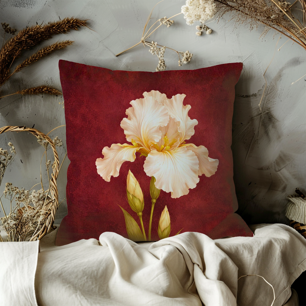 White Iris Red Pillow Cover | Dramatic Floral Art | Elegant Decor
