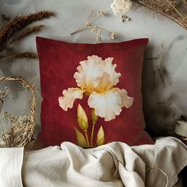 White Iris Red Pillow Cover – Dramatic Floral Art | Elegant Decor