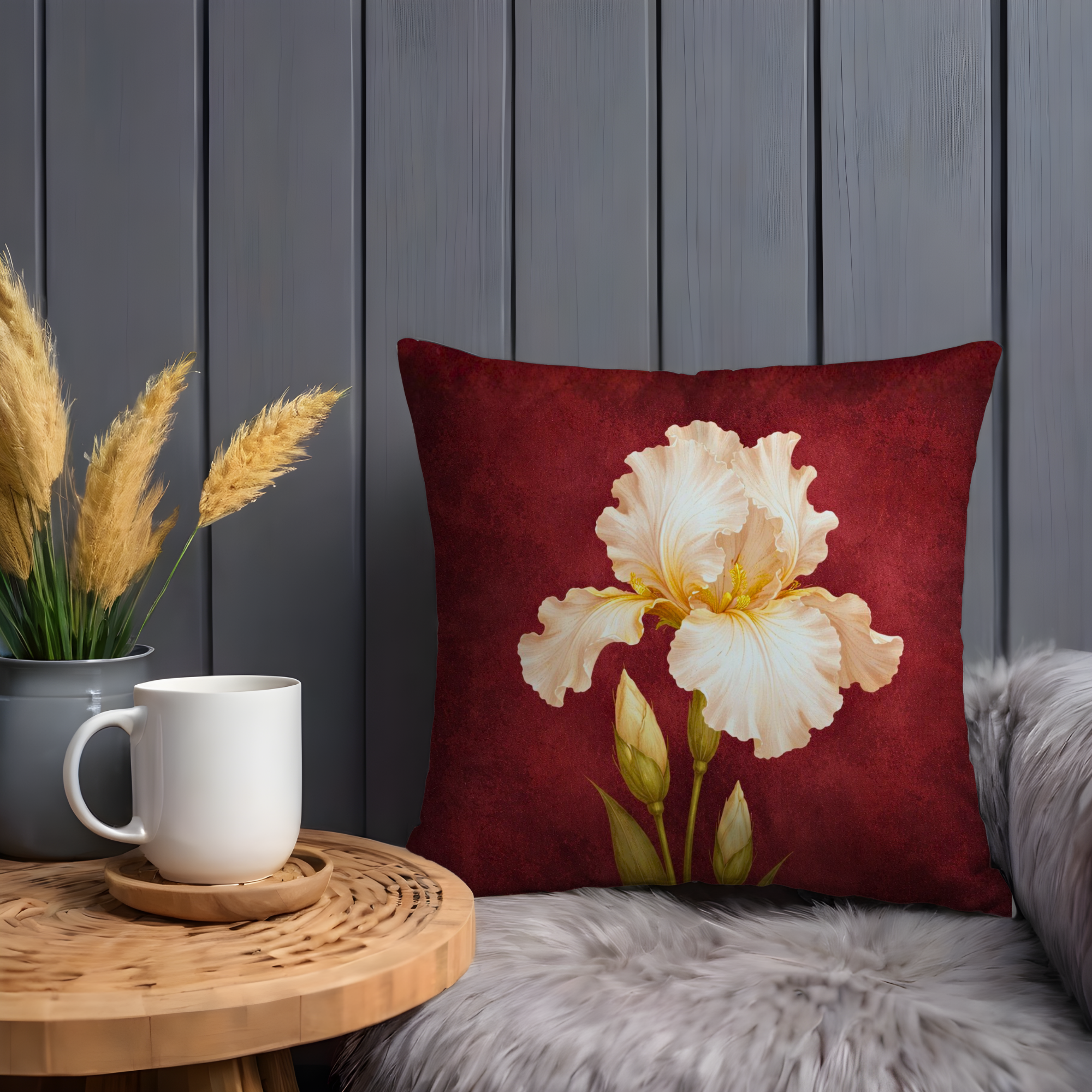White Iris Red Pillow Cover | Dramatic Floral Art | Elegant Decor