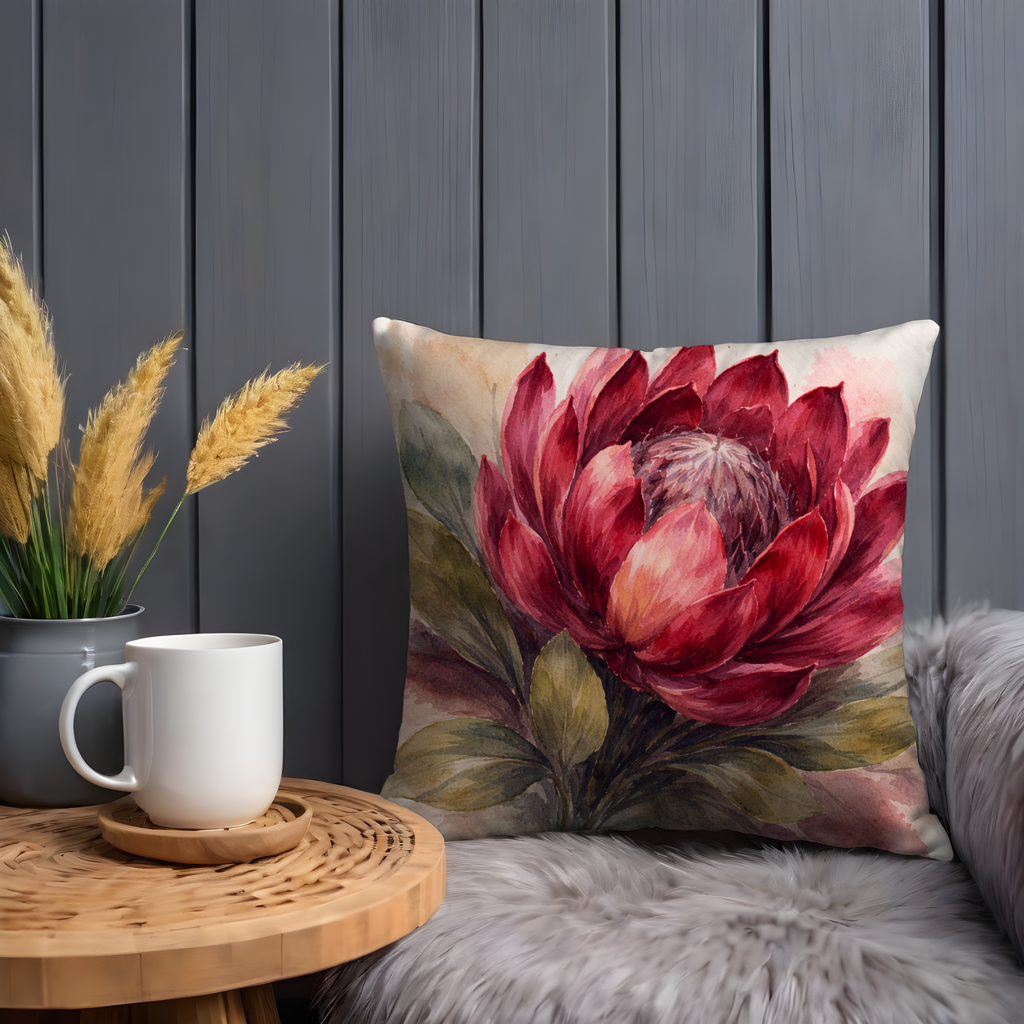 Red Protea Pillow Cover | Dramatic Floral Art | Elegant Decor