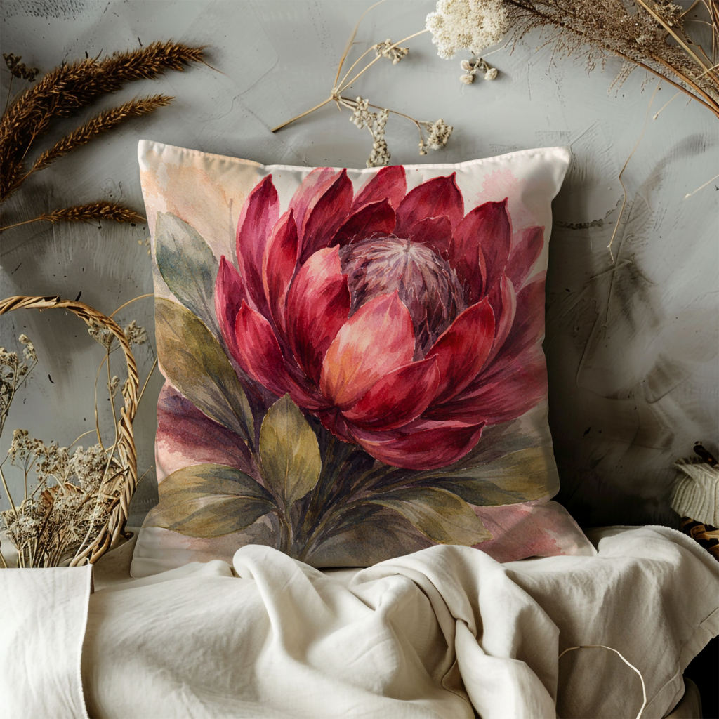 Red Protea Pillow Cover | Dramatic Floral Art | Elegant Decor