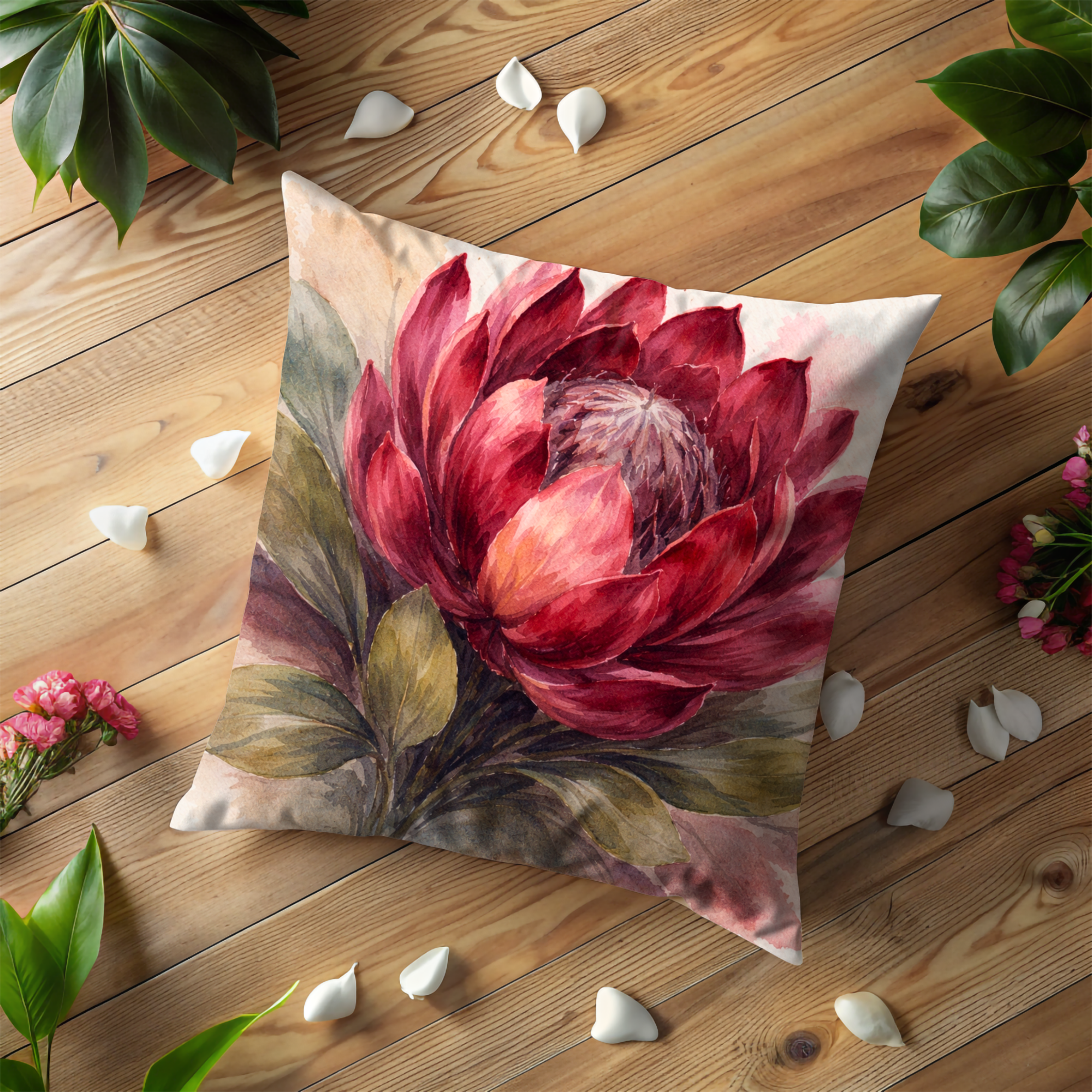 Red Protea Pillow Cover | Dramatic Floral Art | Elegant Decor