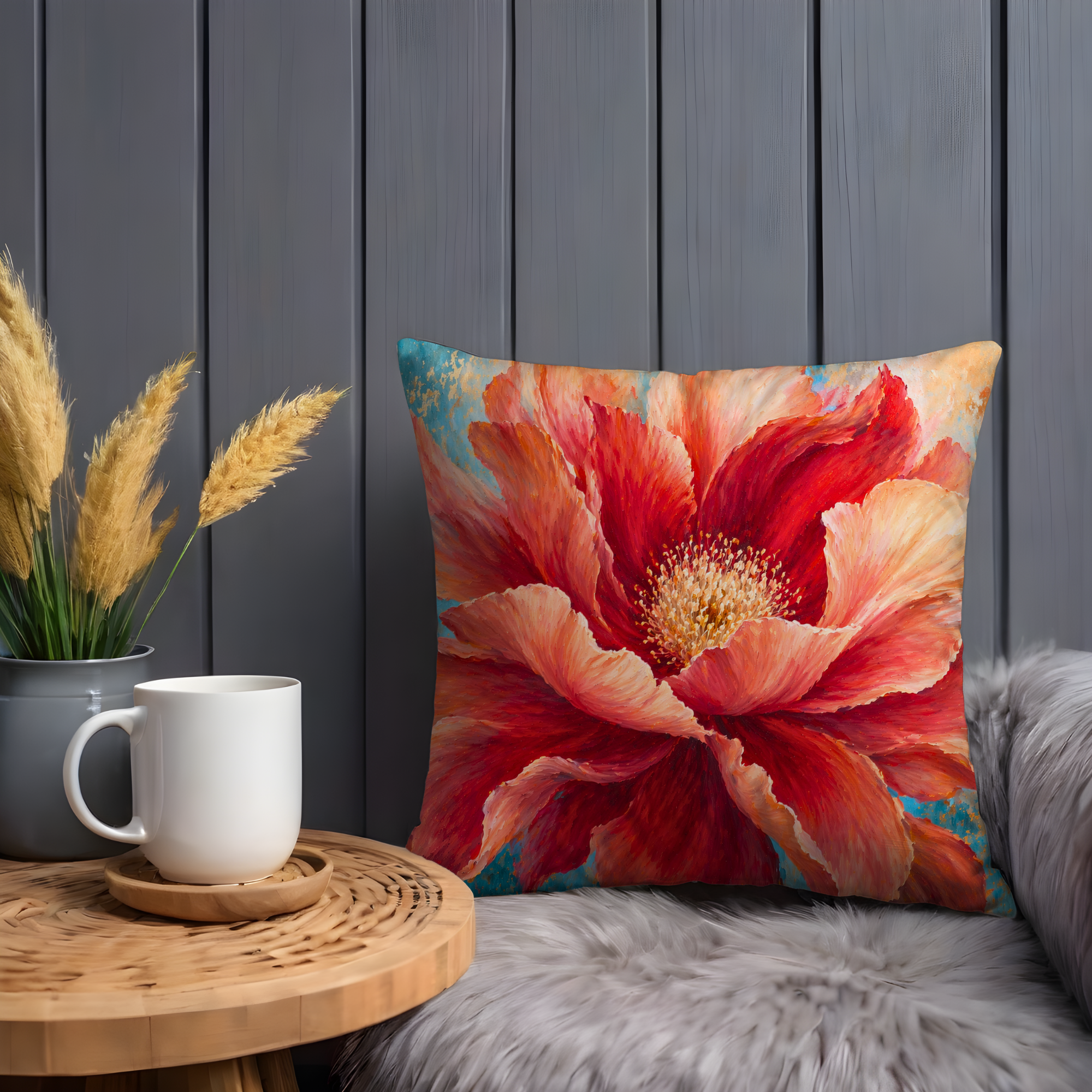 Red Orange Bloom Pillow Cover | Vibrant Floral Art | Elegant Decor