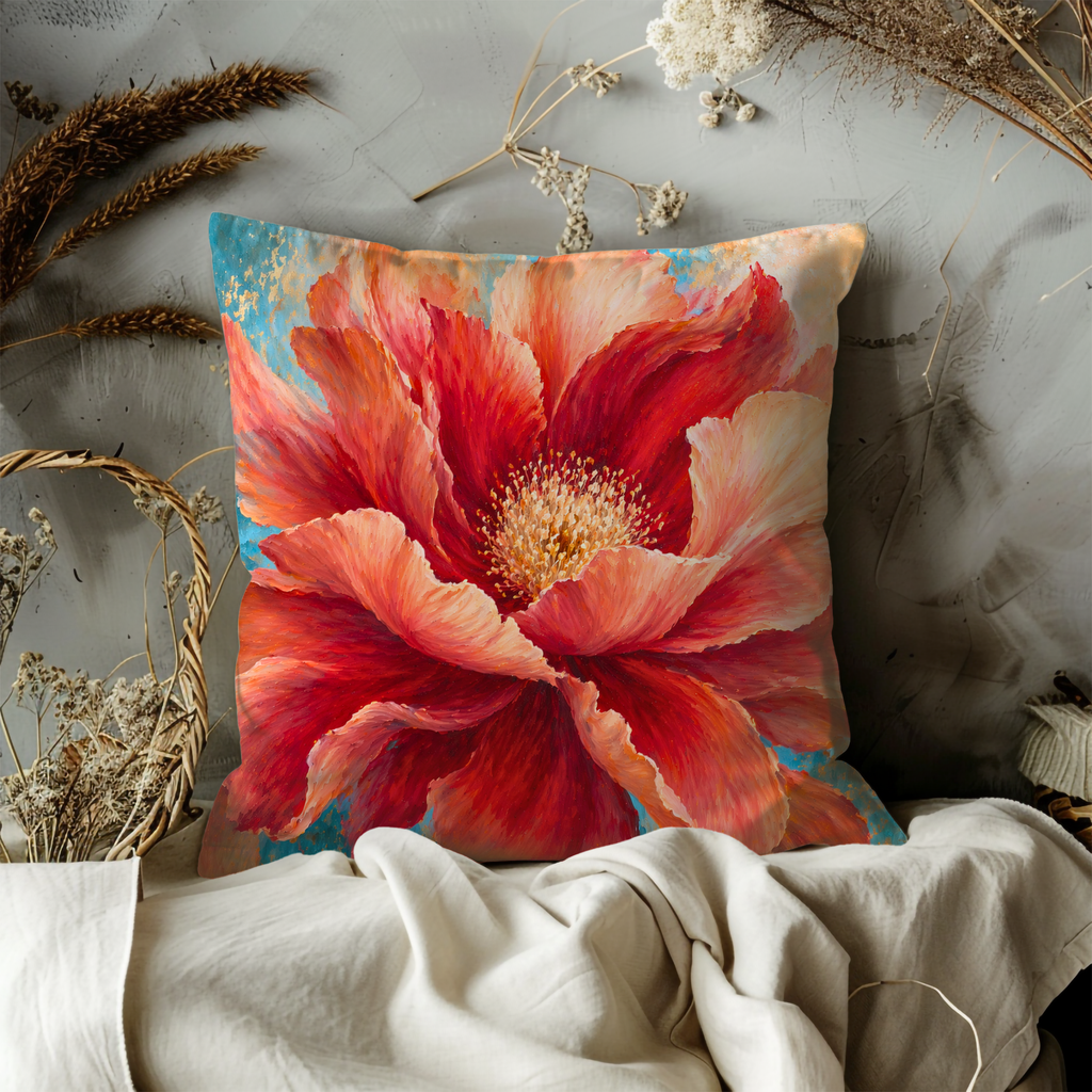 Red Orange Bloom Pillow Cover | Vibrant Floral Art | Elegant Decor